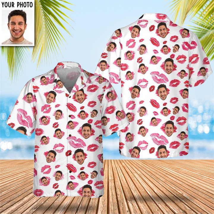 Custom Photo Kisses Hawaiian Shirt Beach Button Up Shirts Mens Gifts For Couples