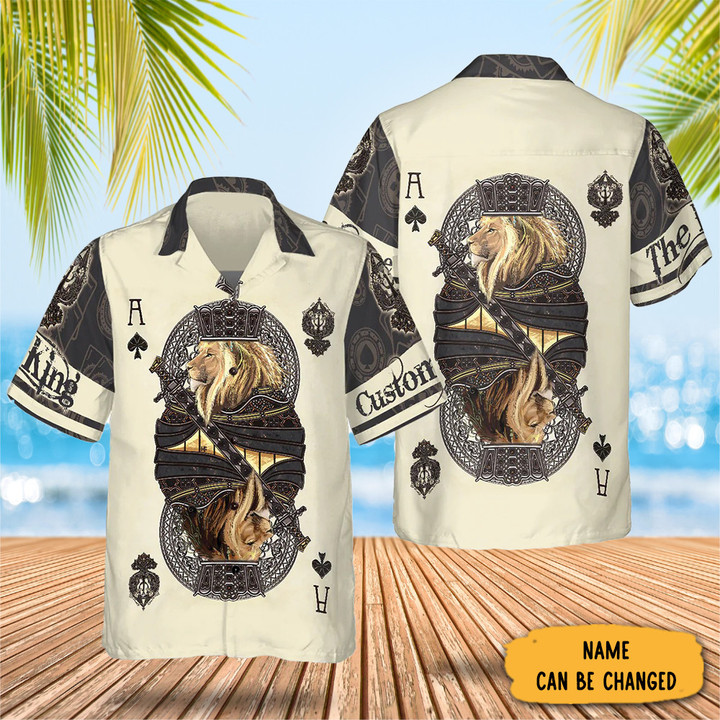 Custom Lion The King Of Poker Hawaiian Shirt For Men Button Up Shirt Gifts For Boyfriend