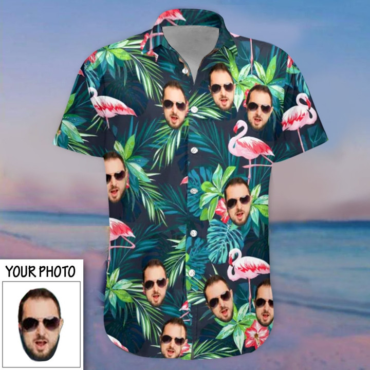 Custom Face Flamingo Hawaiian Shirt With Personal Photo Tropical Mens Button Up Shirt