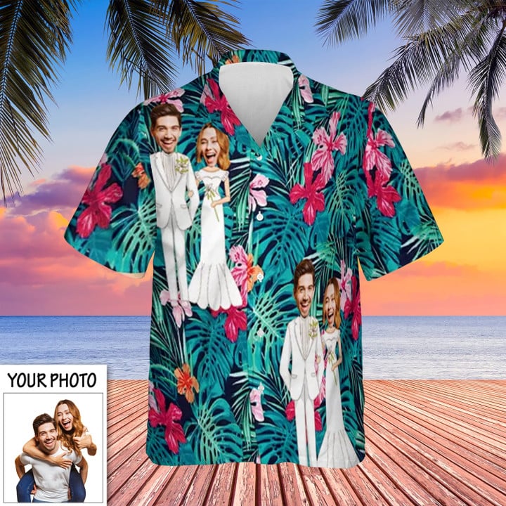 Custom Couple Photo Hawaiian Shirt Funny Wedding Tropical Button Up Shirt Gifts For Him Her