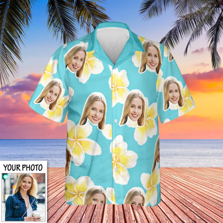 Custom Photo Hawaiian Shirt Flowers Print Blue Button Up Shirt Present Ideas For Boyfriend