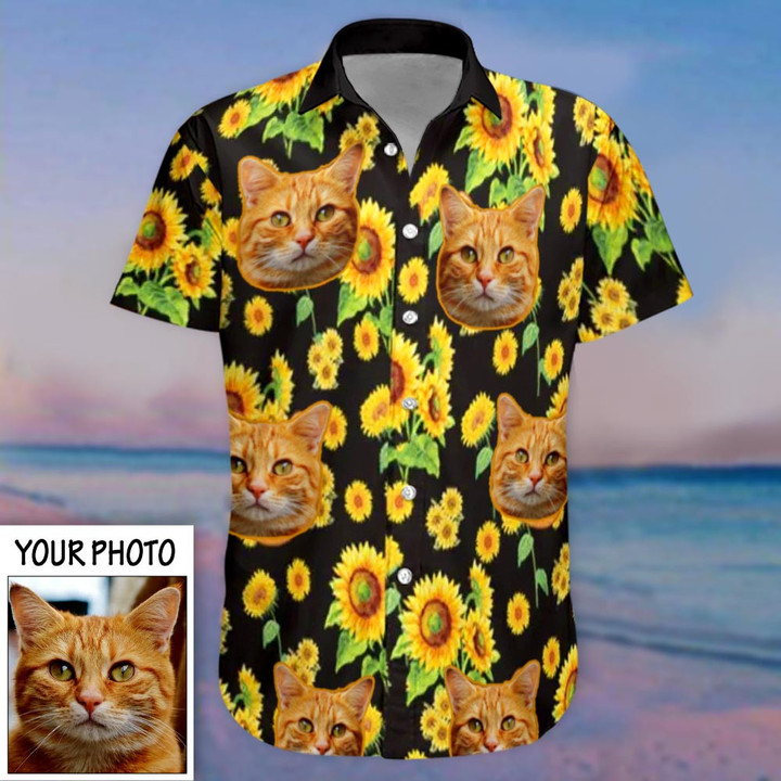 Personalized Image Hawaiian Shirt Sunflower Design Hawaiian Shirt With Cat Face Pet Lovers Gift