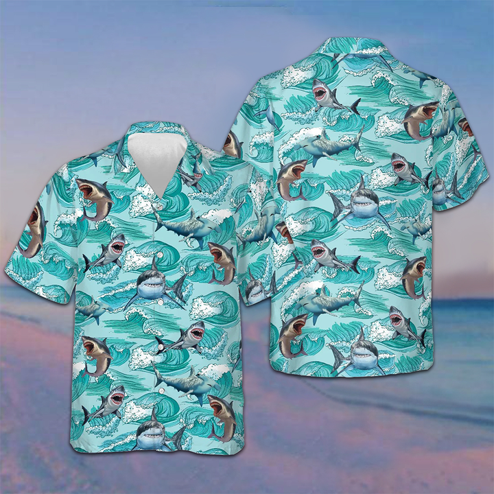 Sharks On Sea Waves Hawaiian Shirt Mens Short Sleeve Summer Shirts Gifts For Beach Lovers