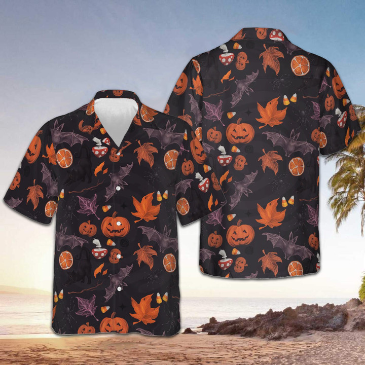Black Cat Bat Pumpkin Halloween Hawaiian Shirt Halloween Themed Clothing For Men