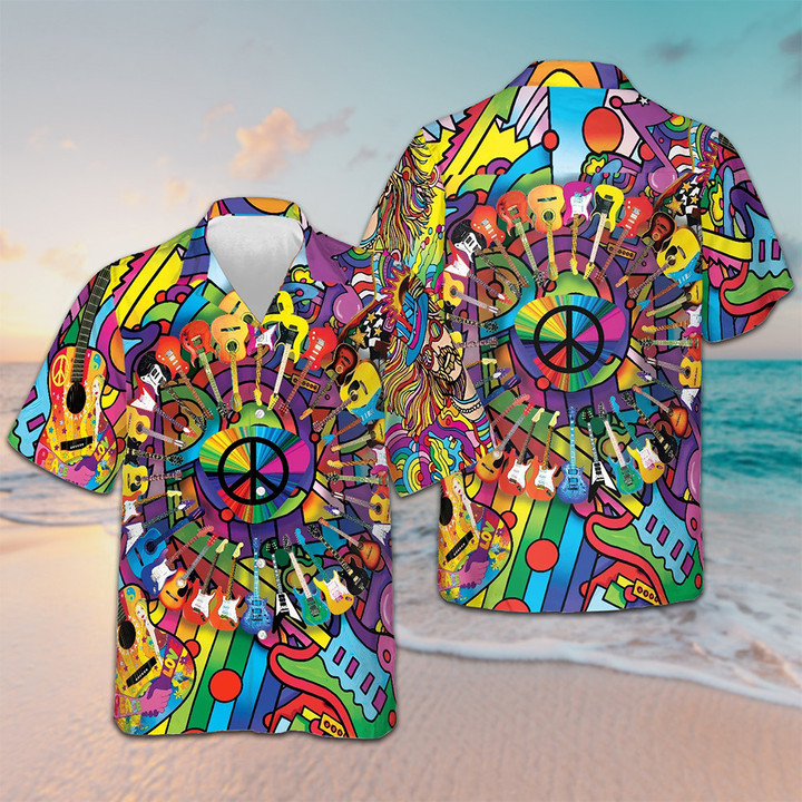 Hippie Guitars Hawaiian Shirt Beach Short Sleeve Button Up Shirt Gifts For Guitar Players