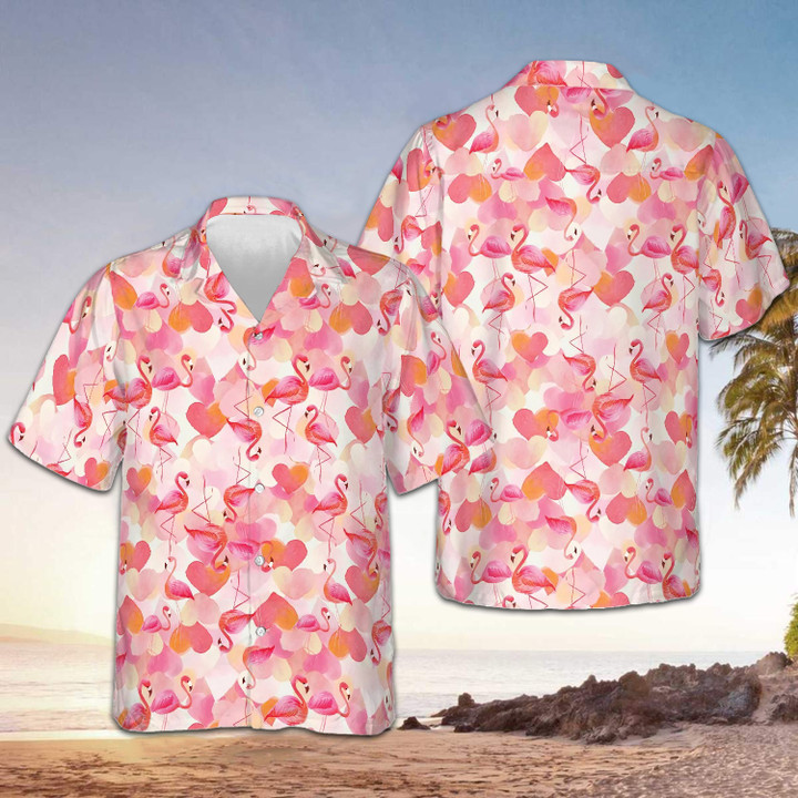 Flamingo Heart Pattern Hawaiian Shirt Beach Button Up Shirts Mens Gift Ideas For Boyfriend