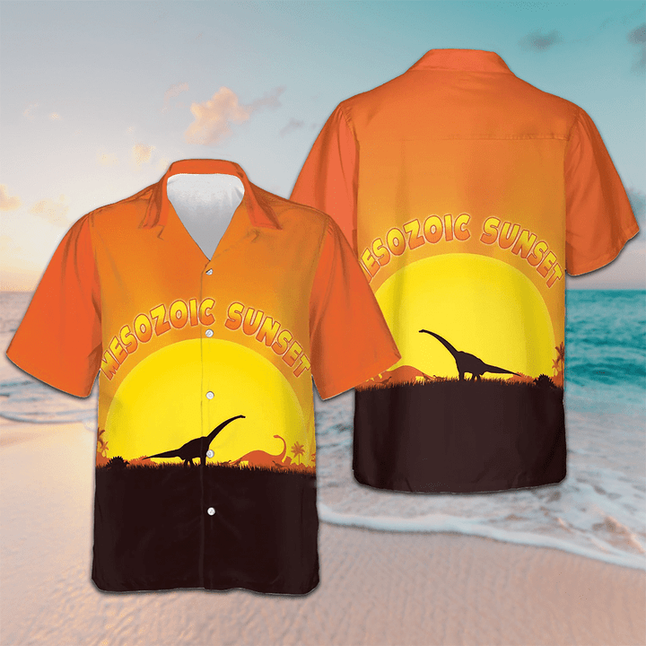 Mesozoic Sunset Dinosaur Hawaiian Shirt Men's Button Down Beach Shirts Gifts For Son