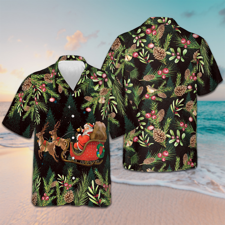 Santa Riding Sleigh Pattern Hawaiian Shirt Christmas Button Down Shirt Gift For Male Friend