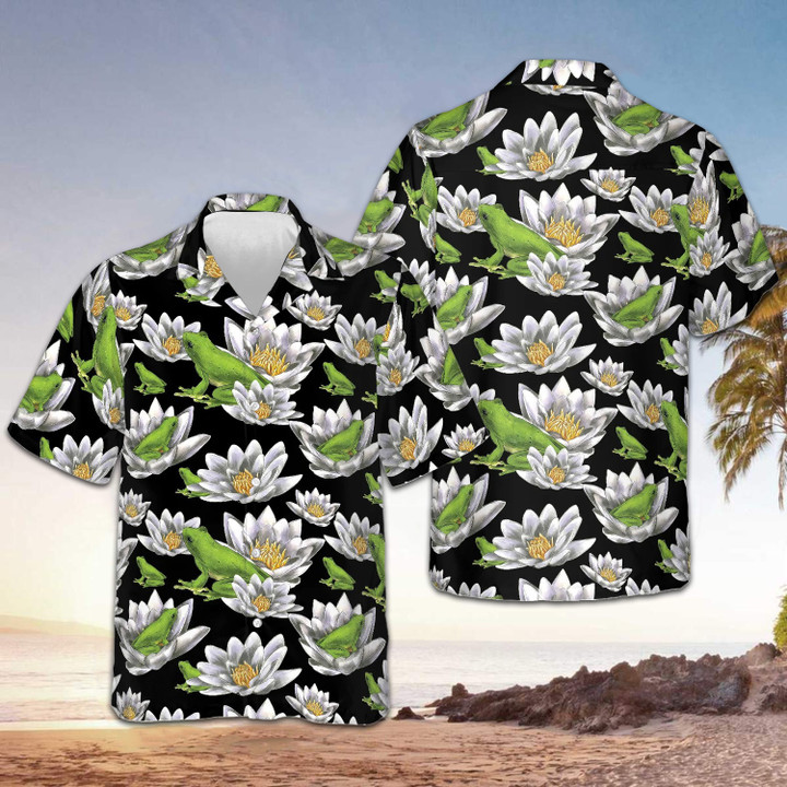 Frogs With Water Lilies Hawaiian Shirt Men's Vacation Button Up Shirts Funny Gifts For Brother