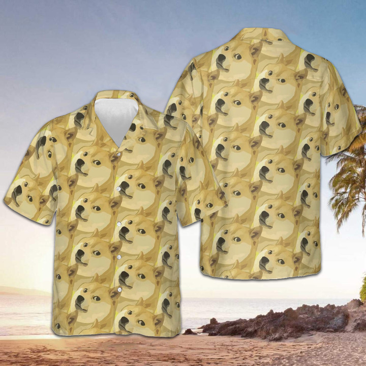 Full Face Doge Pattern Dogecoin Hawaiian Shirt Men's Vacation Button Up Shirts Gifts For Dude