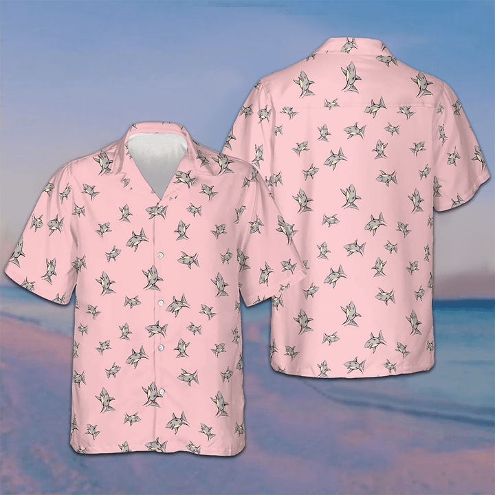 Shark Pattern Hawaiian Shirt Pink Button Up Shirt Gift Ideas For Boyfriend