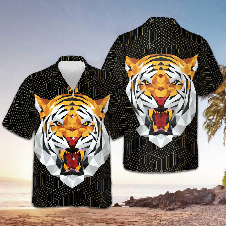 Geometric Tiger Hawaiian Shirt Button Down Beach Shirts Gifts For Dude
