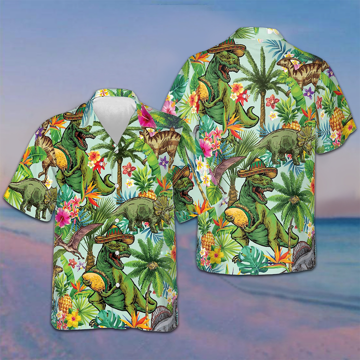 Tropical Dinosaur Hawaiian Shirt Summer Button Up Gifts For Dinosaur Lovers Adults