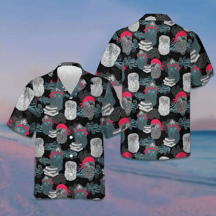 Owl Pirates Hawaiian Shirt Mens Tropical Button Up Shirt Gift Ideas For Husband