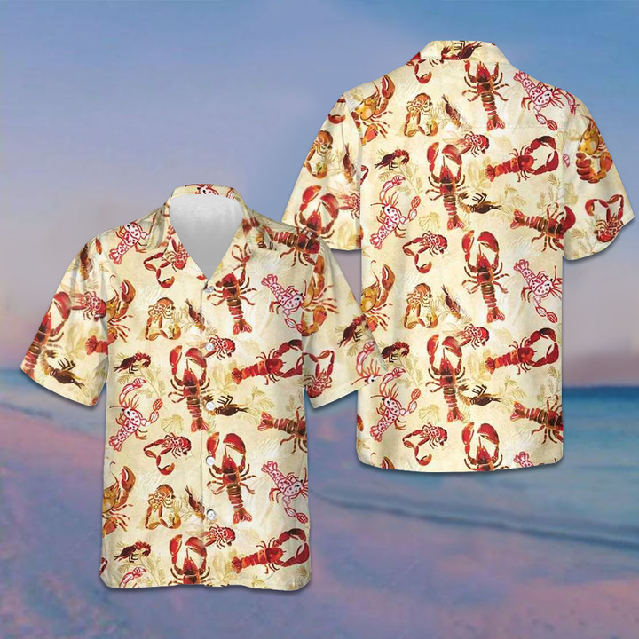 Retro Lobster Pattern Hawaiian Shirt Mens Beach Button Up Shirts Gifts For Hubby