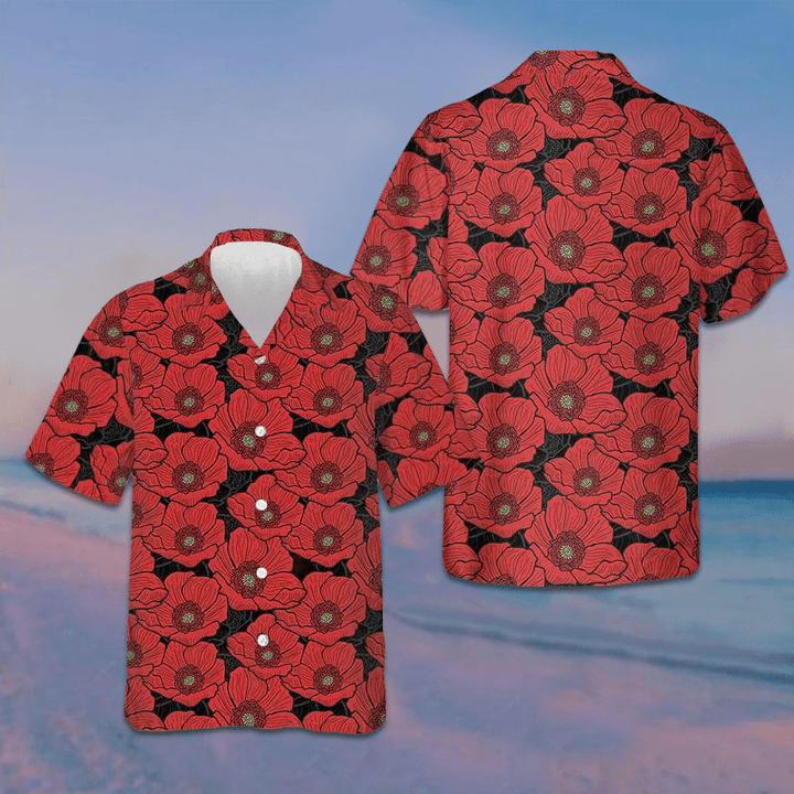 Red Poppies Lest We Forget Hawaiian Shirt Proud Veterans Summer Button Up Shirts Mens