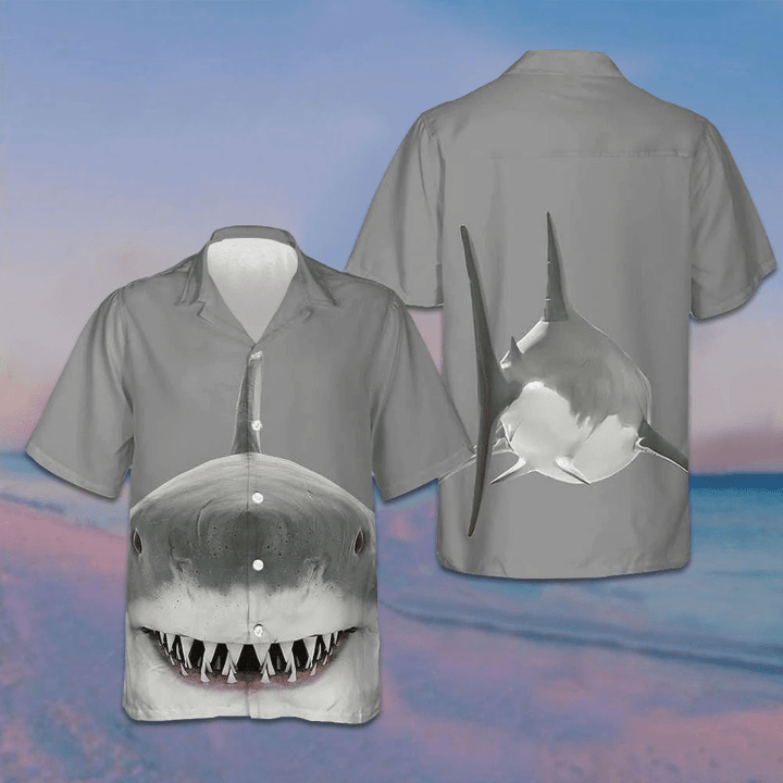 Shark Smile Hawaiian Shirt Grey Button Up Shirt Gifts For Shark Lovers