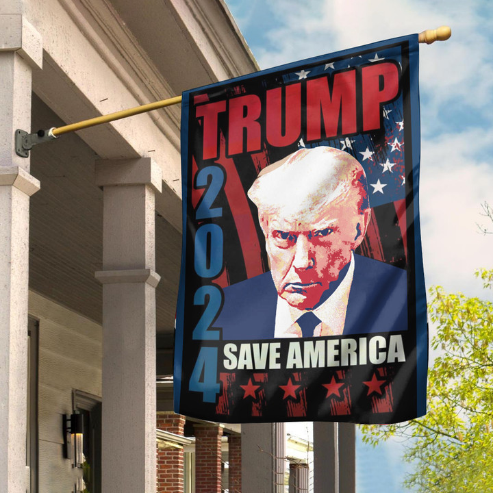 Trump Mug Shot Flag Supporters Trump 2024 Save America Flag Never Surrender Merch