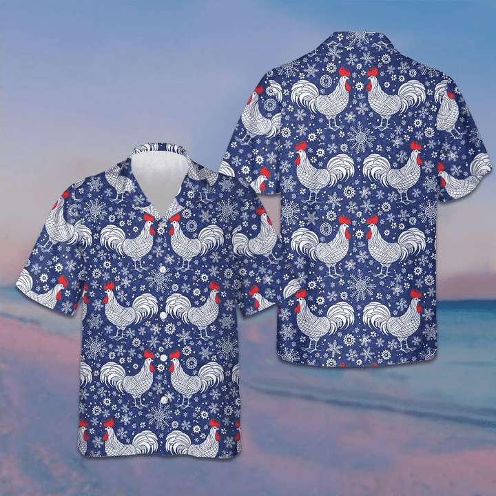 Festive Winter Rooster Hawaiian Shirt Beach Button Down Gifts For Chicken Lovers