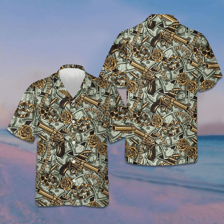 Gangster And Money Vintage Seamless Pattern Hawaiian Shirt Summer Button Up Shirts Mens