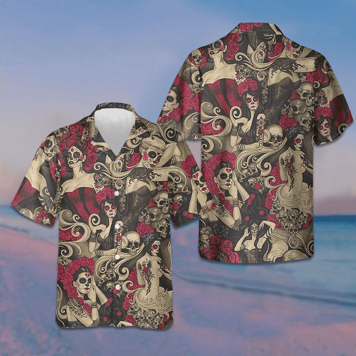 Las Elegantes Day Of The Dead Hawaiian Shirt Mens Short Sleeve Button Up Gifts For Guys