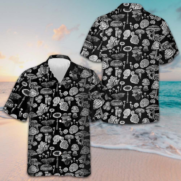 Black And White Mushroom Hawaiian Shirt Short Sleeve Button Up Men Gifts For Hubby