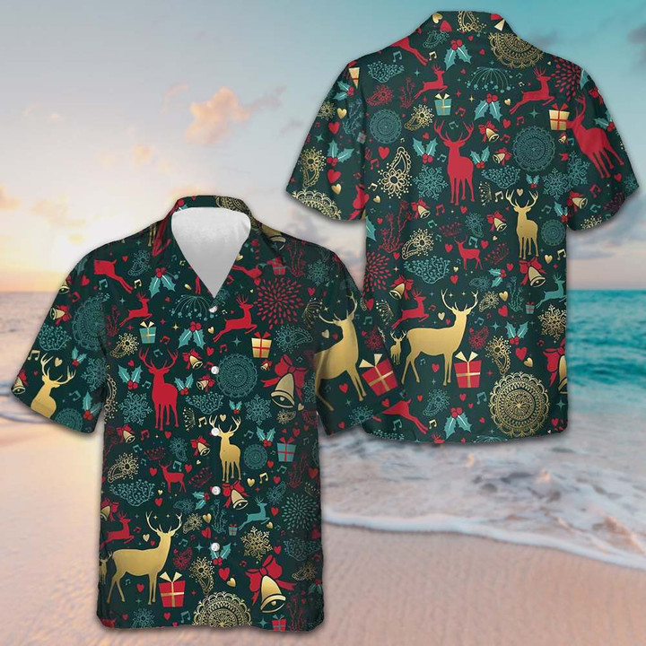 Christmas Golden Reindeer Pattern Hawaiian Shirt Adult Christmas Shirt Gifts For Your Boyfriend