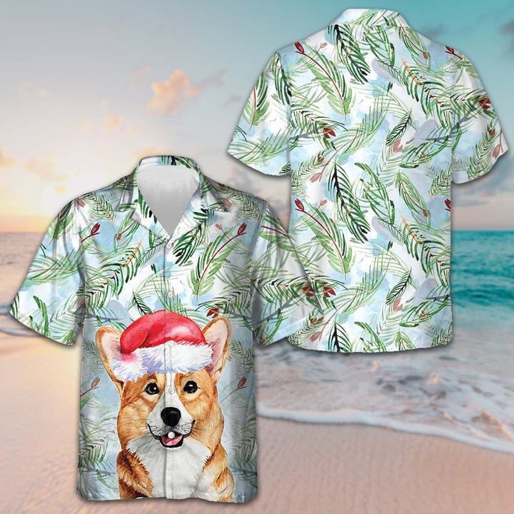 Corgi With Christmas Fir Branches Pattern Hawaiian Shirt Mens Xmas Shirts Dog Lovers Gifts