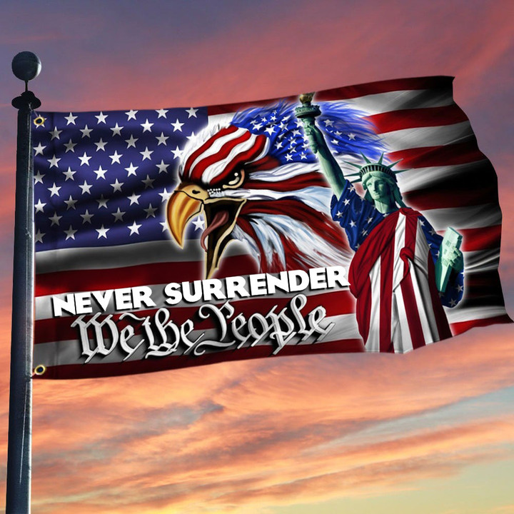 Never Surrender Trump 2024 Flag For Sale We The People Liberty Eagle American Flag Trump Merch