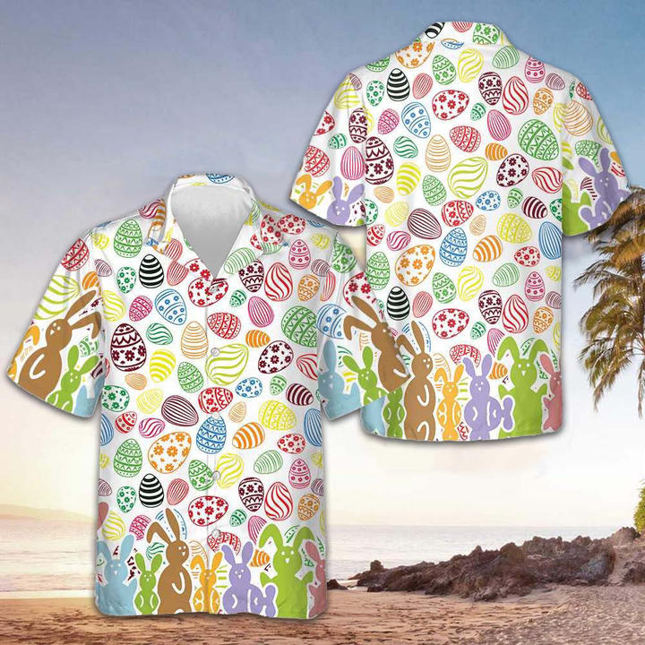 Colorful Rabbits And Easter Eggs Seamless Pattern Hawaiian Shirt Funny Easter Shirt For Men