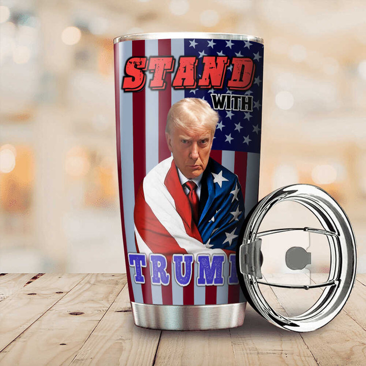 Donald Trump Mugshot Tumbler Stand With Trump Merchandise MAGA Merch American Flag Tumbler