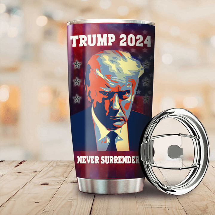 Trump 2024 Tumbler Never Surrender Merchandise Donald Trump Mugshot Coffee Tumbler