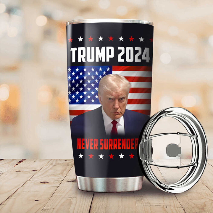 Trump 2024 Tumbler Donald Trump Mugshot Coffee Tumbler Never Surrender Merchandise MAGA Merch