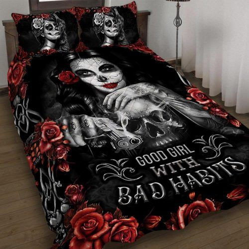 Skull Gun Good Girl With Bad Habits Bedding Set Roses Cool Skull Gifts For Her