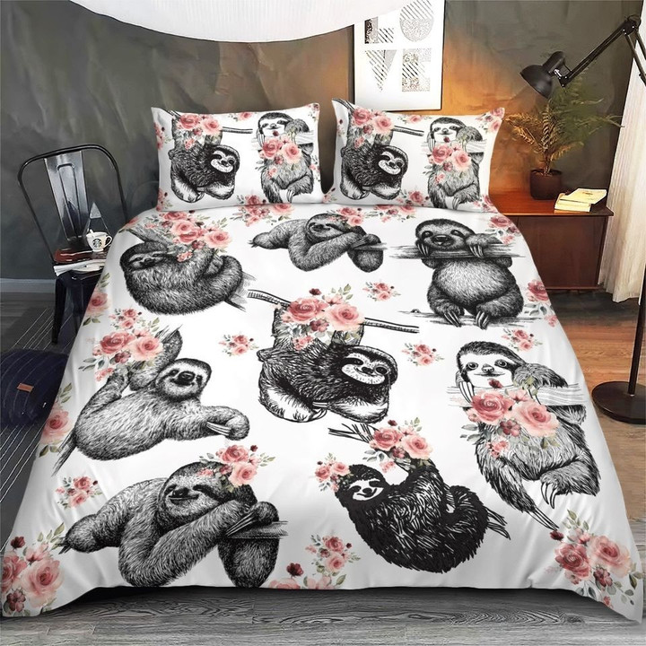 Sloth Flower Bedding Set Cute Sloth Duvet Set Sheet Set Themed Gifts For Her