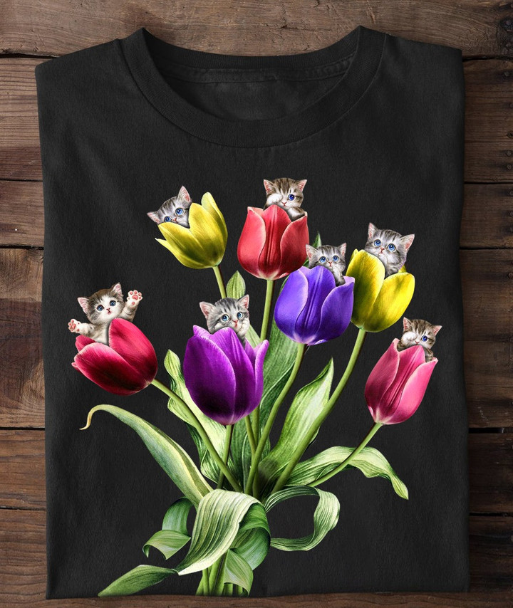 Kitties In Tulip Flower T-Shirt Cute Cat Graphic Tee Cat Lover Shirt Gifts For Her