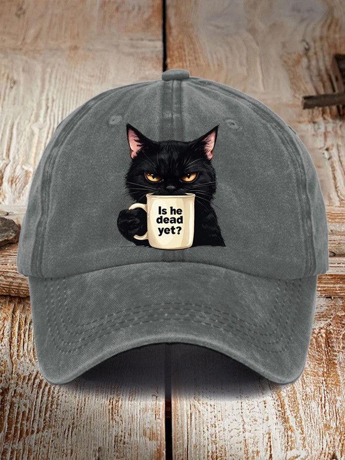 Black Cat Is He Dead Yet Hat Funny Anti Donald Trump Cap Merchandise No Tariffs Protest Gift For Him