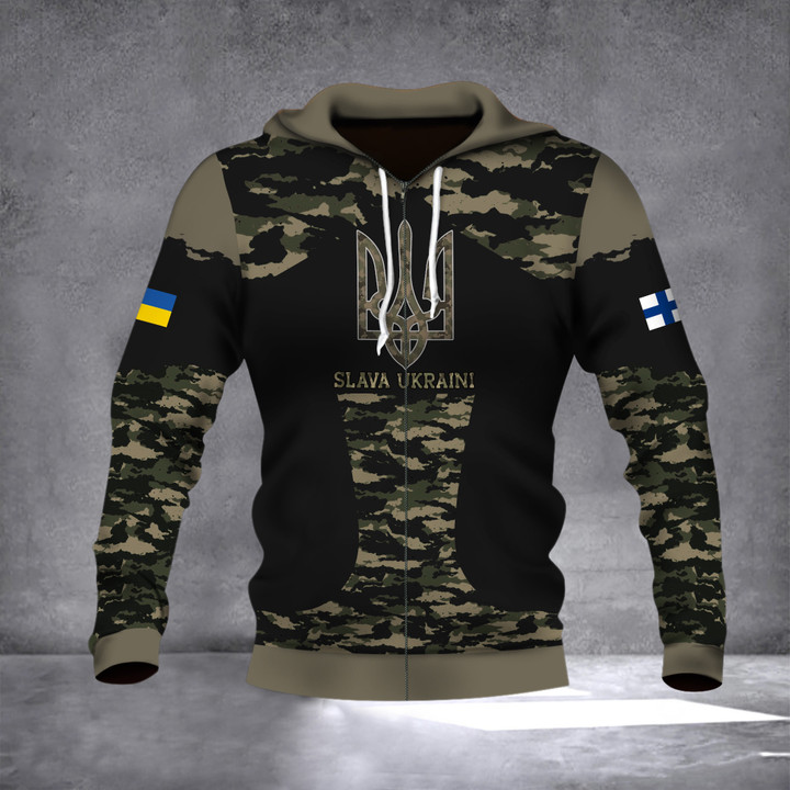 Finnish Stand With Ukraine Slava Ukraini Camo Zipper Hoodie Pray For Ukraine Apparel Merch