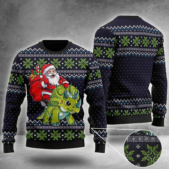 Dinosaur Ugly Christmas Sweater Santa Riding T-Rex Sweater Funny Christmas Clothing