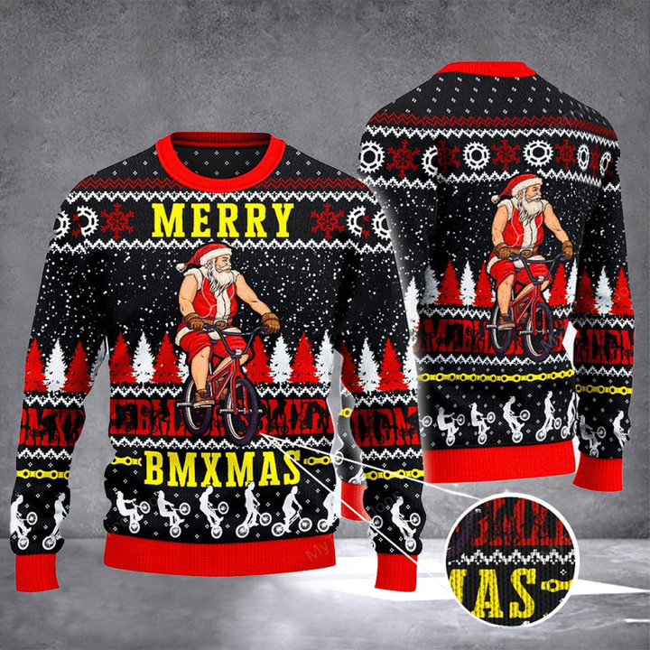 Santa Cycling Merry BMxmas Ugly Christmas Sweater Funny Christmas Holiday Sweaters