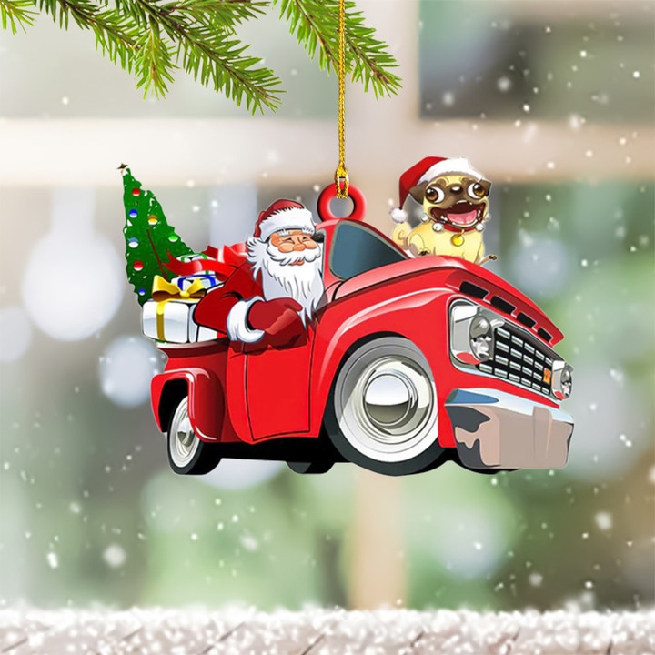 Pug And Santa On Red Truck Christmas Ornament Pug Dog Tree Xmas Decorations