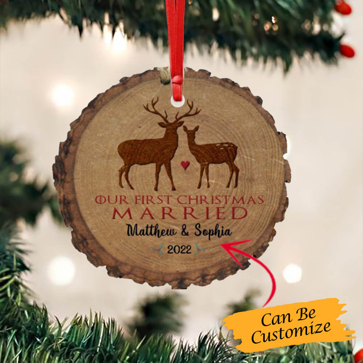 Personalized First Christmas Married Wood Ornament Deer Our 1St Married Xmas Tree Ornament