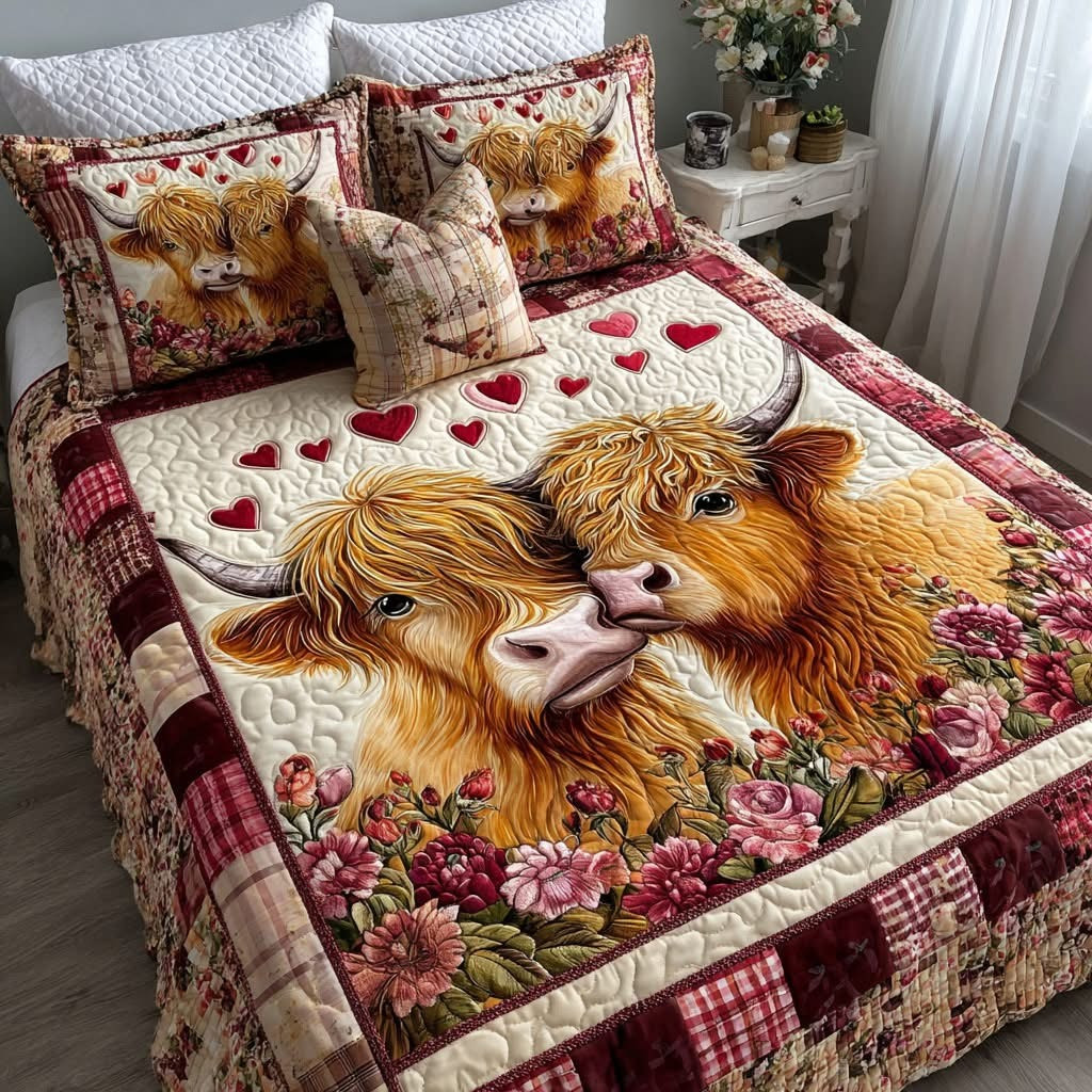 Highland Cow Couple Quilted Bedding Set Valentine Bedroom Decor Gifts ...