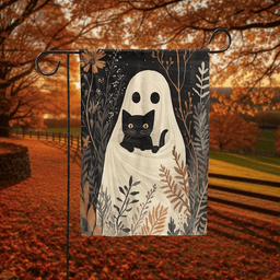 Ghost Holding Black Cat Garden Flag Cute Spooky Halloween Banner Gothic Autumn Decor