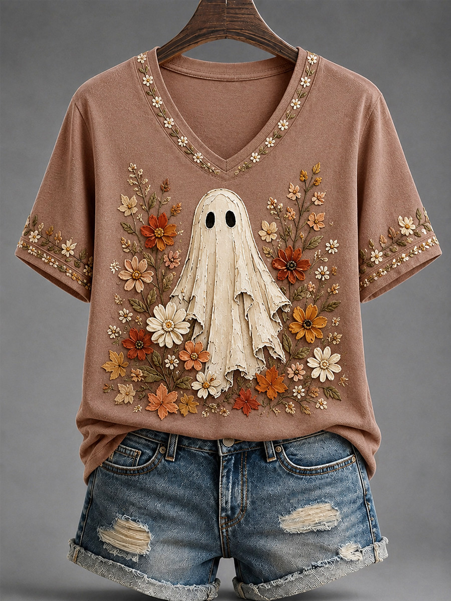 Cottagecore Ghost V-Neck Shirt Ghost Flowers Merch Women Gifts Ideas