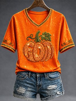 Orange FALL Pumpkin V-Neck Shirt Cottagecore Thanksgiving Gift Her