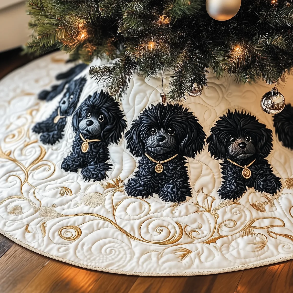 Black Poodle Quilted Tree Skirt Christmas Gift