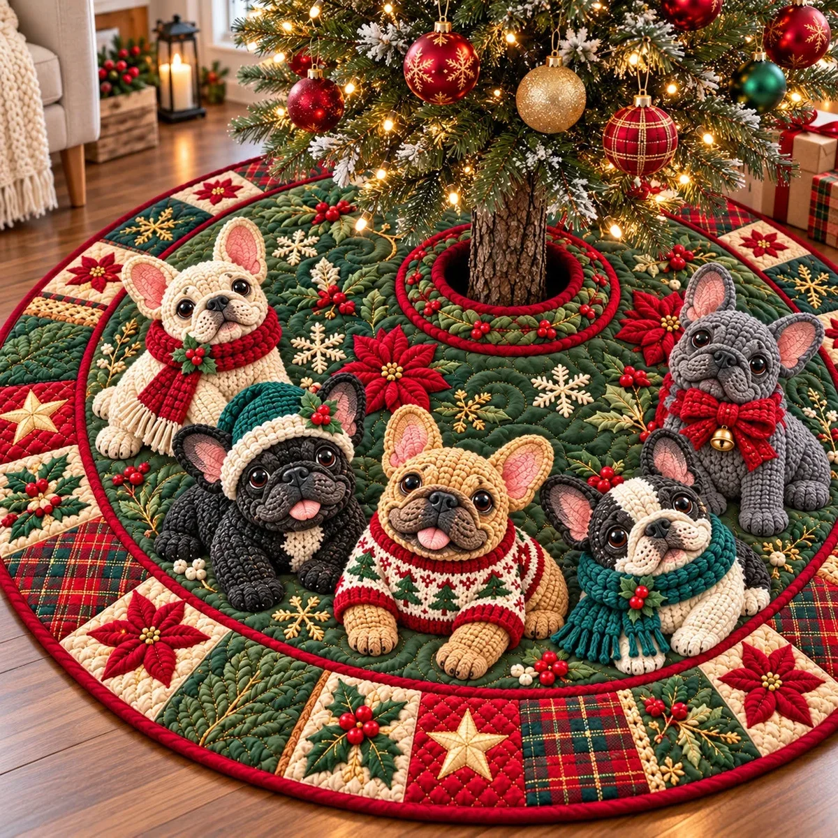 Christmas French Bulldog Parade Quilted Tree Skirt Christmas Gift