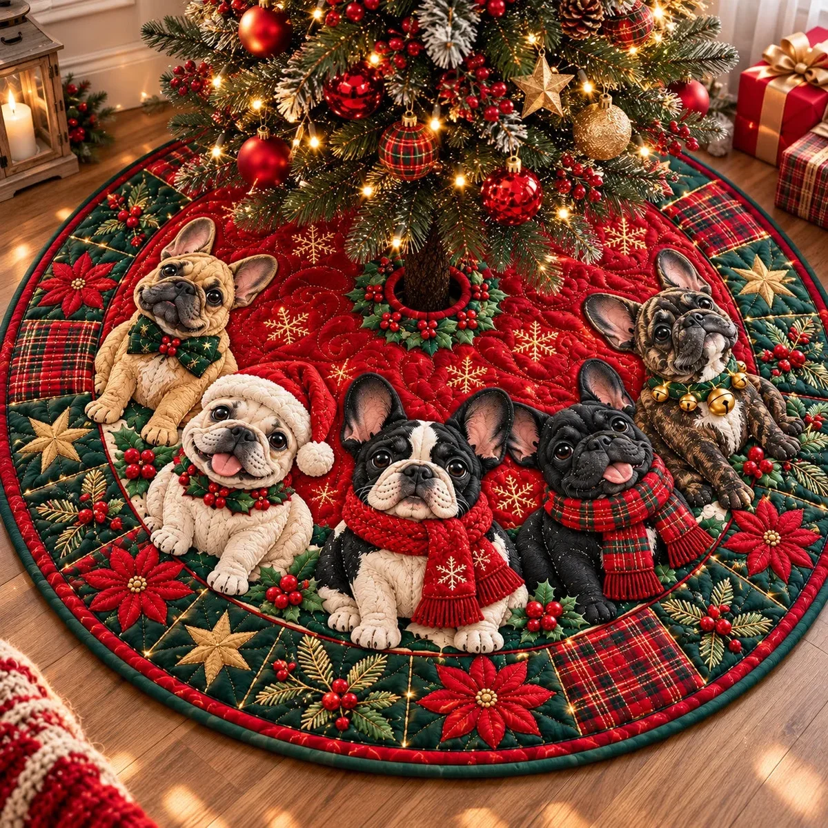 Christmas French Bulldog Joy Quilted Tree Skirt Christmas Gift