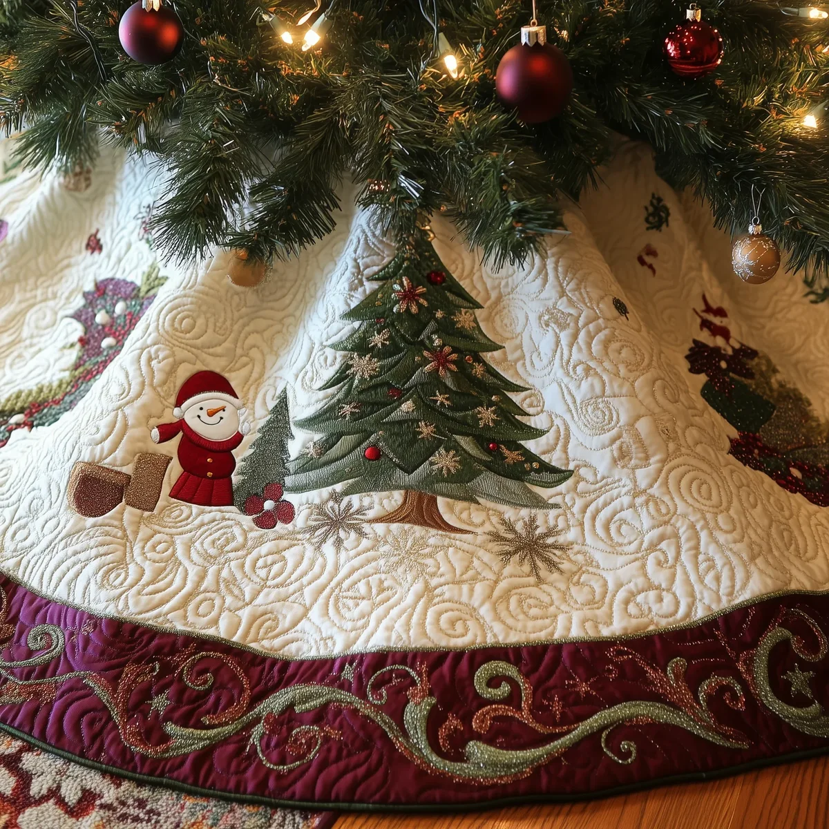 Burgundy Snowmen Quilted Tree Skirt Christmas Gift
